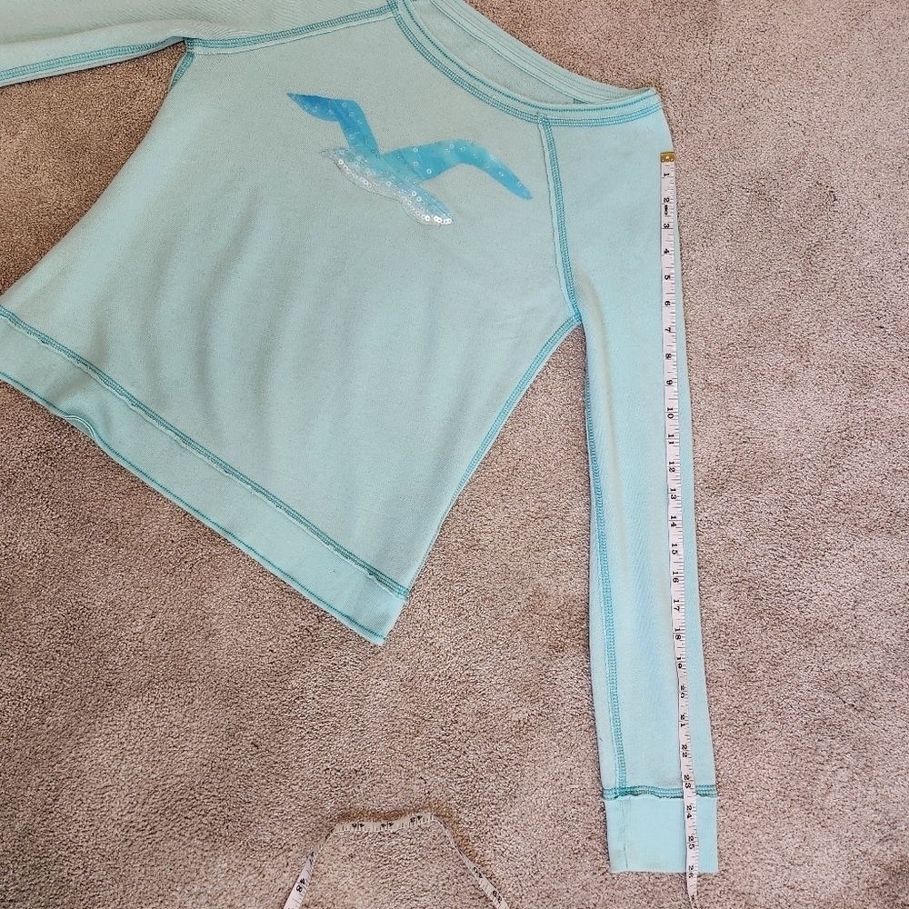 Y2K Vintage Hollister Lightweight Wide Neck Sweatshirt Lightblue Sequin Size S - Picture 10 of 15